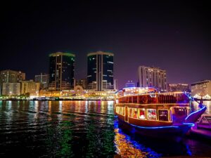 Elegant dinner on a Marina Dhow cruise with stunning nighttime views of Dubai