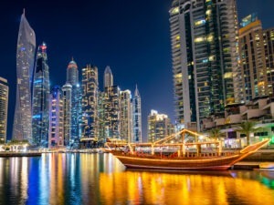 Panoramic view of Dubai featuring iconic skyscrapers and luxury architecture