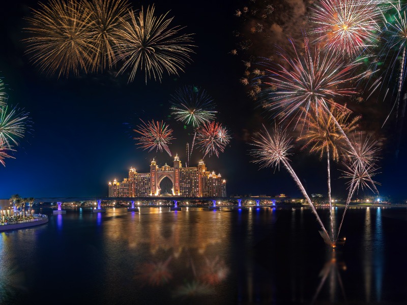 Dubai New Year's Eve Celebration - Night Skyline with Fireworks