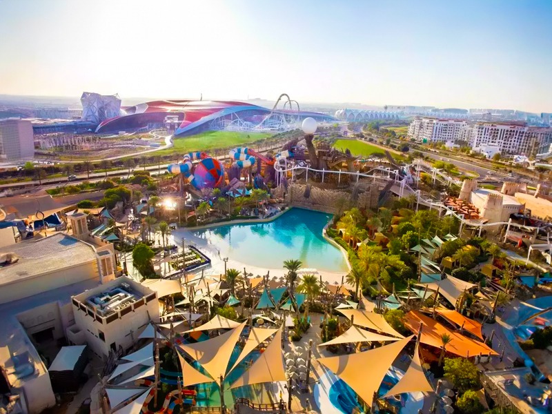 Scenic view of Yas Island in Dubai, featuring attractions and modern architecture