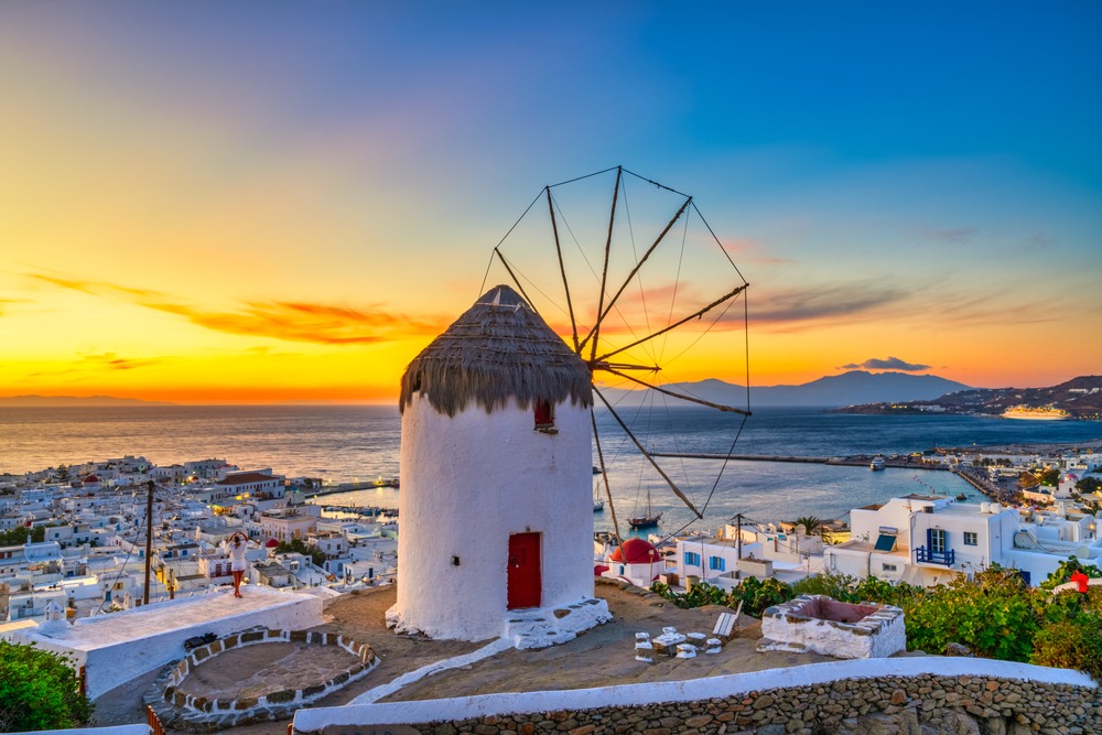 A scenic aerial view of the Greek Islands with turquoise waters and pristine beaches