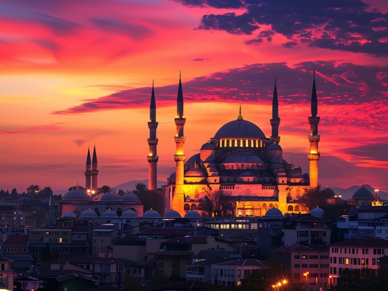 A breathtaking panoramic view of a historic mosque in Istanbul, showcasing its intricate architecture and cultural significance.